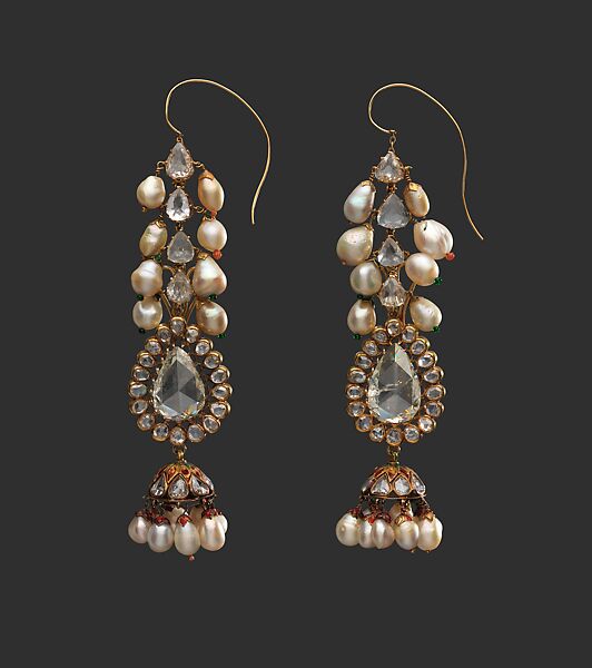 Diamond Earrings and Pearl Supports, Diamond, pearls, gold, emeralds, and enamel 