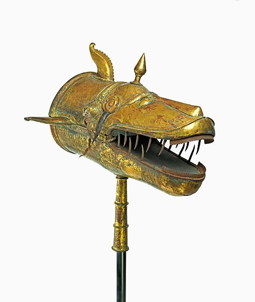 Mahi-maratib (Fish Standard), Gilt copper alloy, iron, rope 