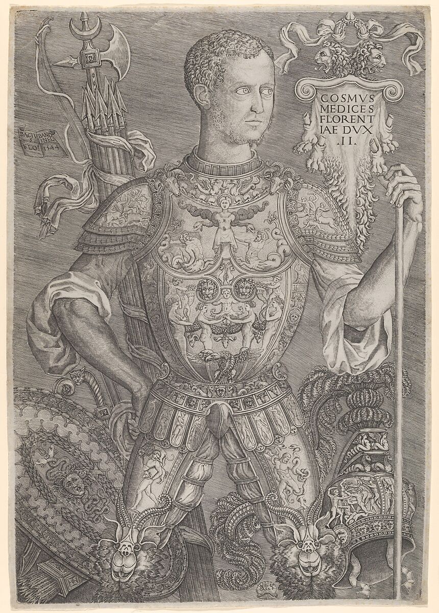 Portrait of Cosimo de' Medici in full armor, his left hand resting on a staff, Niccolò della Casa (French, active Italy, ca. 1543–48), Engraving; first state of two 