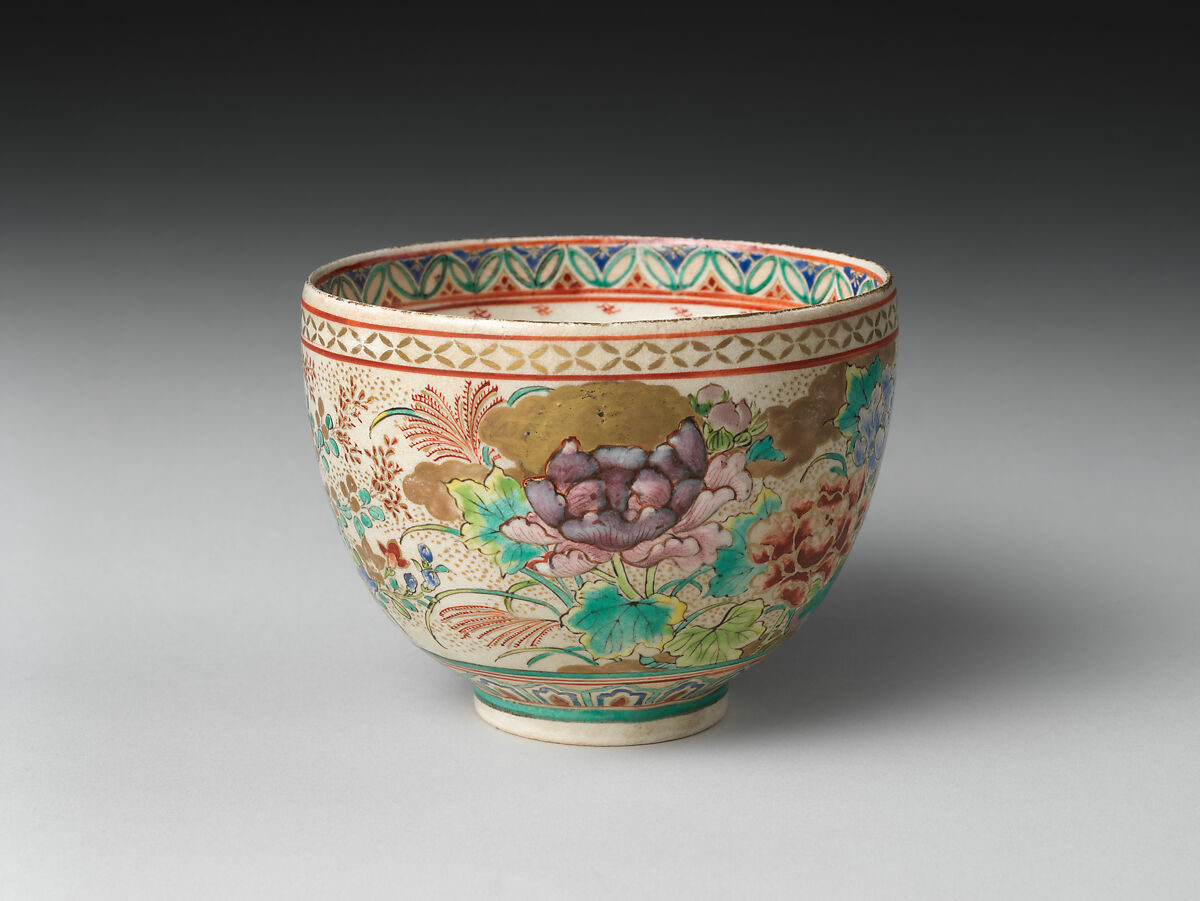 Teabowl, Stoneware with polychrome enamels and gold over finely crackled glaze (Satsuma ware), Japan 