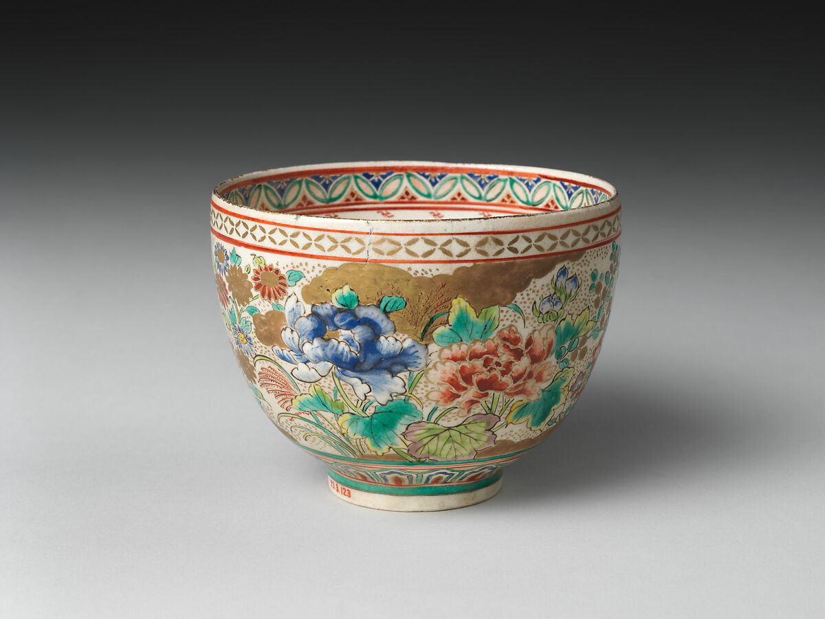 Teabowl, Stoneware with polychrome enamels and gold over finely crackled glaze (Satsuma ware), Japan