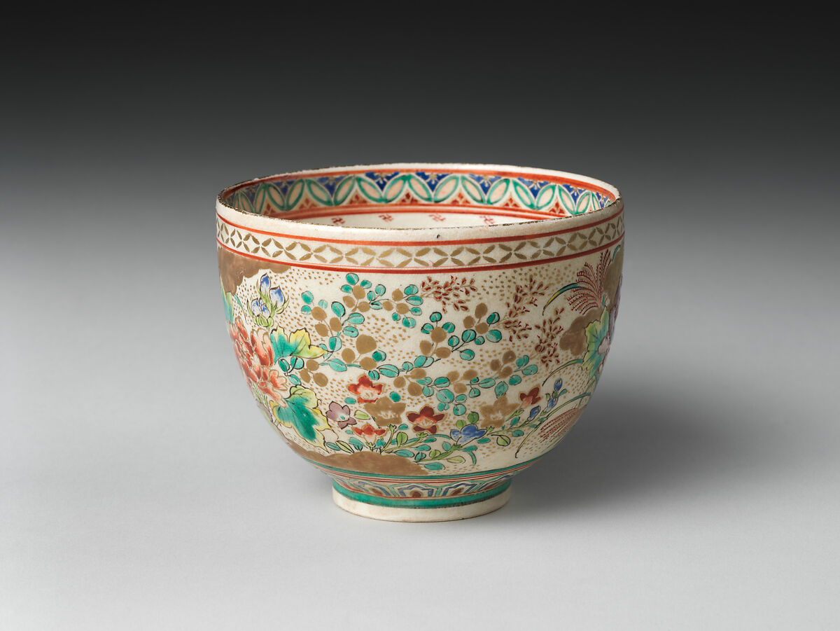 Teabowl, Stoneware with polychrome enamels and gold over finely crackled glaze (Satsuma ware), Japan