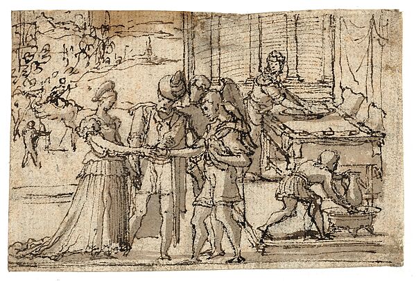 Marriage of Tobias and Sara, Pieter Coecke van Aelst (Netherlandish, Aelst 1502–1550 Brussels), Pen in brown ink, Netherlandish, Brussels 