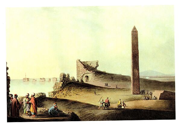 Watercolor of the Alexandrian Obelisk, Luigi Mayer (Italian, Rome (?) ca. 1755–1803), Watercolor print 