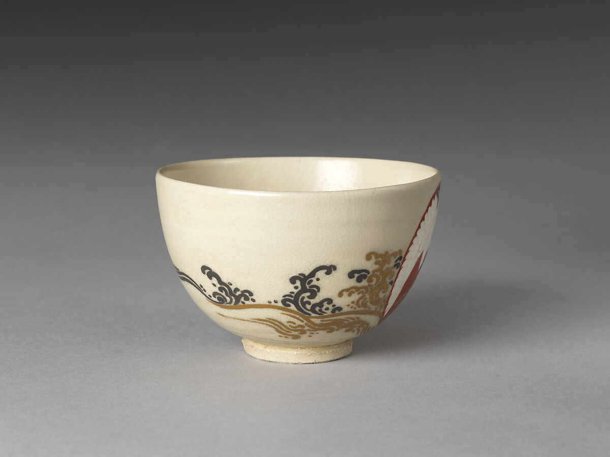 Teabowl with Rising Sun and Crane, Eiraku Hozen (Japanese, 1795–1854), Stoneware with cream slip under a white slip and polychrome enamels, gold, and silver over a transparent glaze (Kyoto ware, Eiraku type), Japan