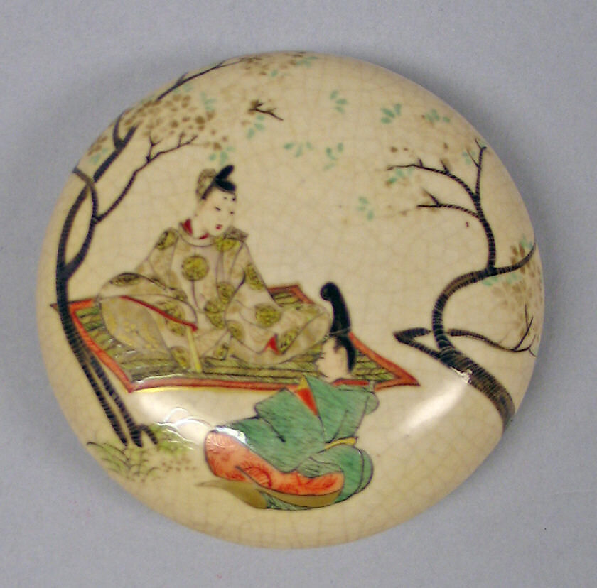 Covered Incense Box, Nonomura Ninsei (Japanese, active ca. 1646–94), Paste covered with a transparent crackled glaze and decorated with colored enamels and gold (Kyoto ware, Satsuma type), Japan 