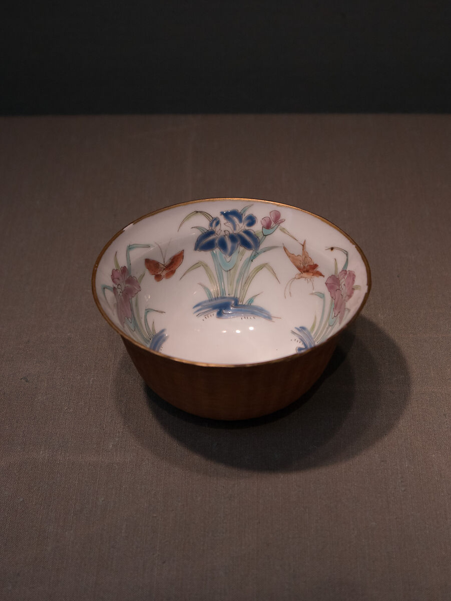 Cup with Butterflies-and-Iris Design and Basketry Exterior, Zōshuntei Sanpo (brand name used 1841–78), Porcelain with overglaze polychrome enamels, fine basketwork exterior (Arita ware, product of Hisatomi Yojibei), Japan