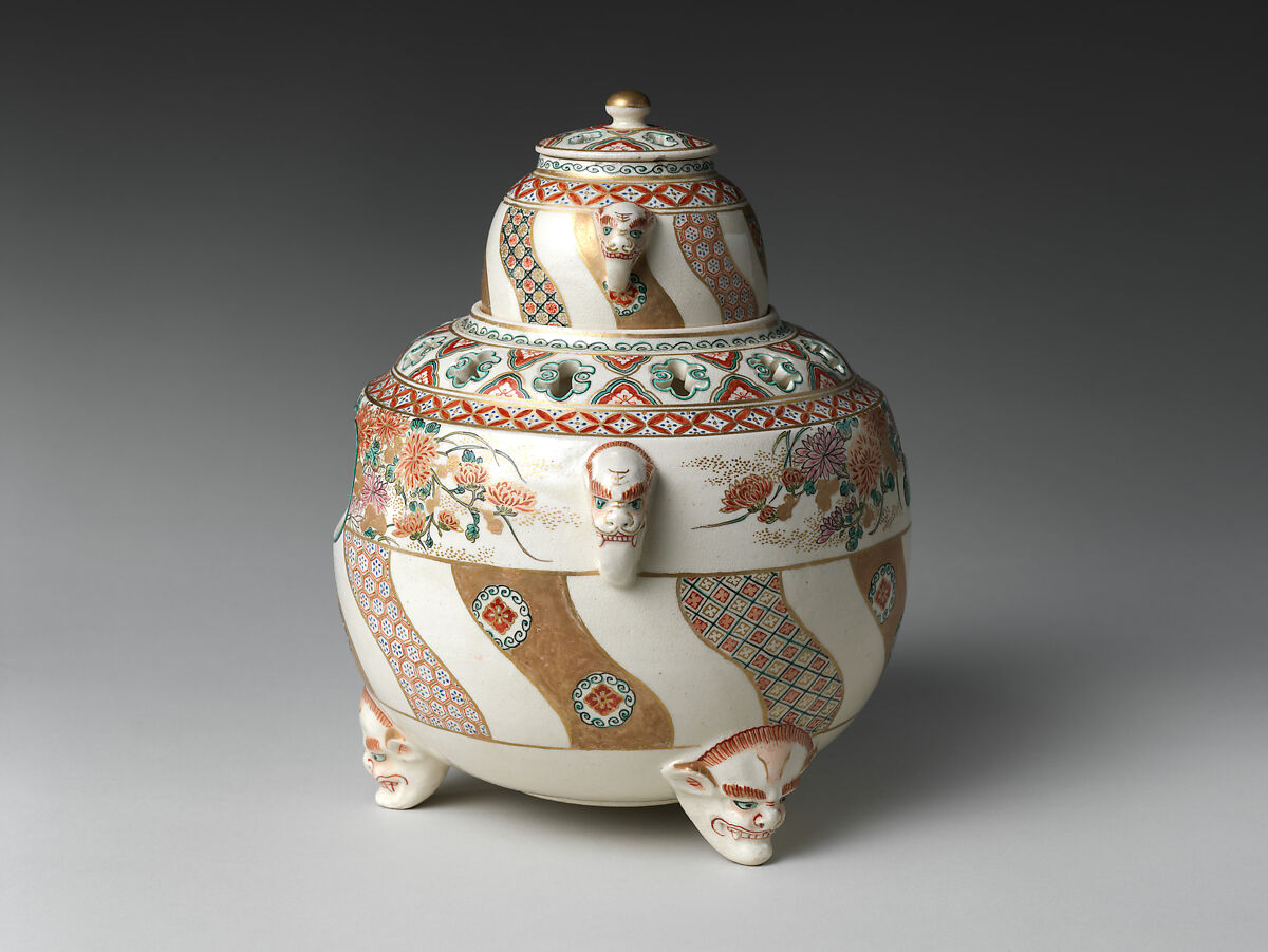 Clove Boiler, Stoneware with polychrome enamels and gold over finely crackled glaze (Satsuma ware), Japan