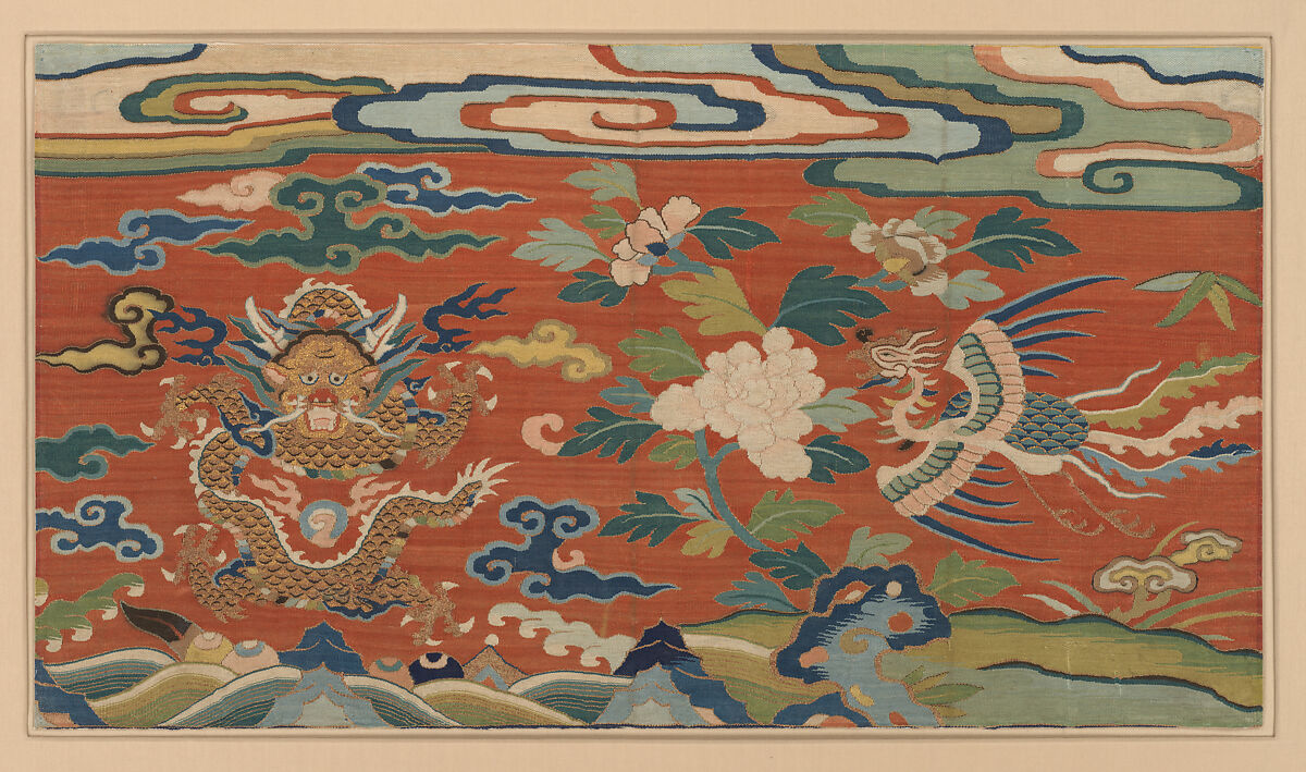 Panel with dragon, phoenix, and peonies, Silk and metallic-thread tapestry (kesi), China 