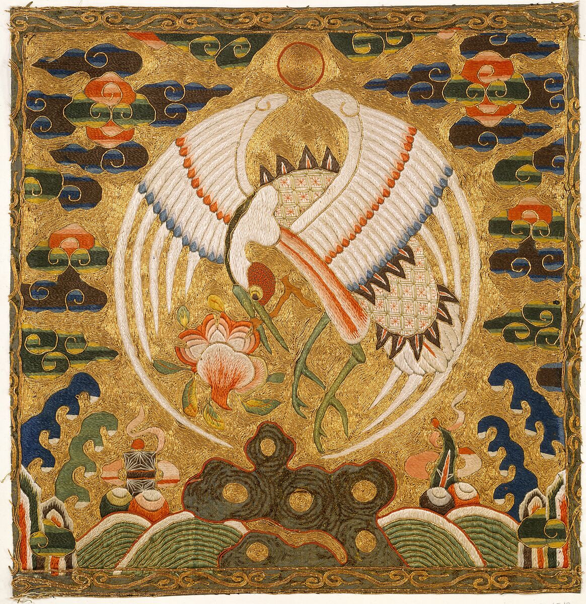 Rank Badge with Crane, Silk and metallic thread embroidery on silk satin, China