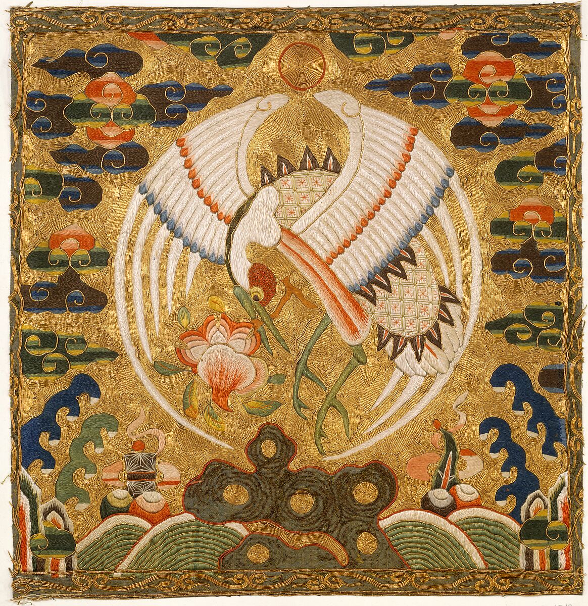 Rank Badge with Crane, Silk and metallic thread embroidery on silk satin, China 