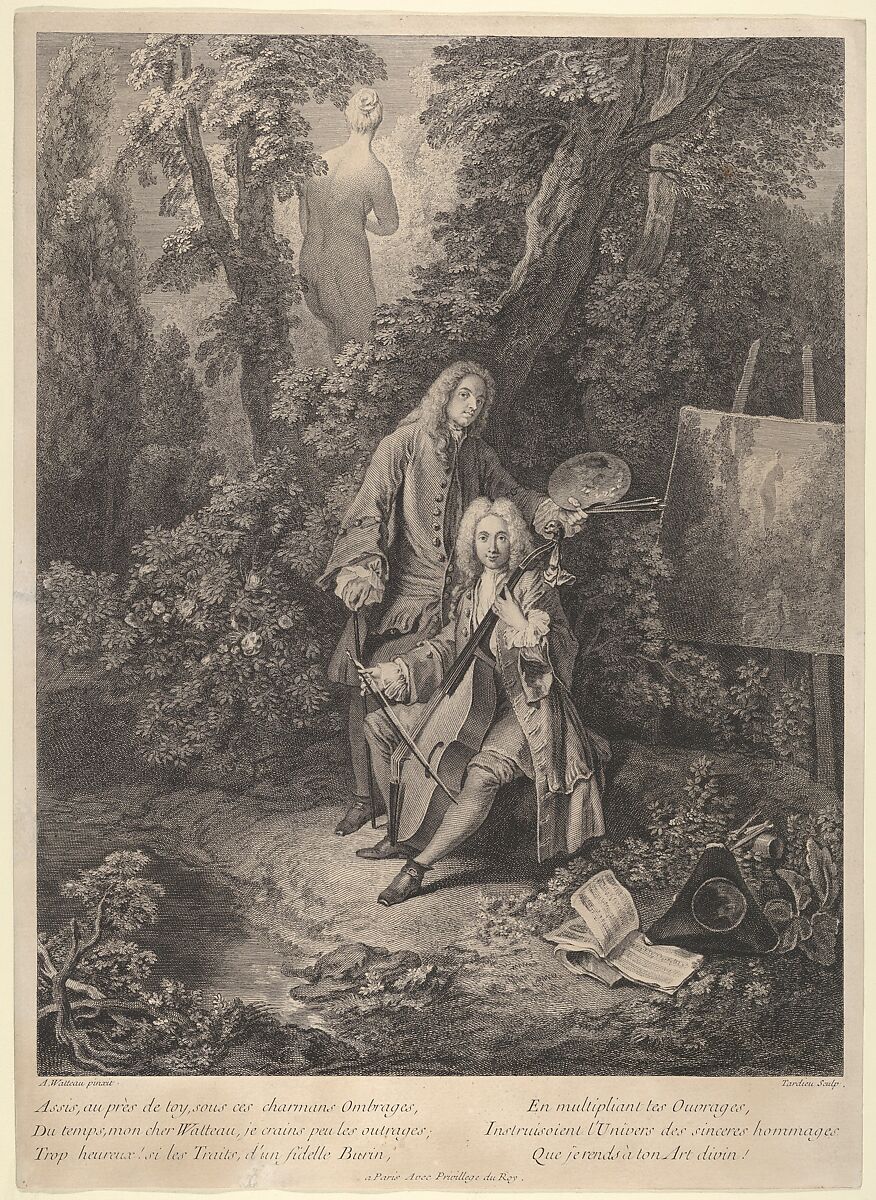 Portrait of Julienne and Watteau in Garden Playing Violincello, Nicolas Henry Tardieu (French, Paris 1674–1749 Paris), Etching with engraving 