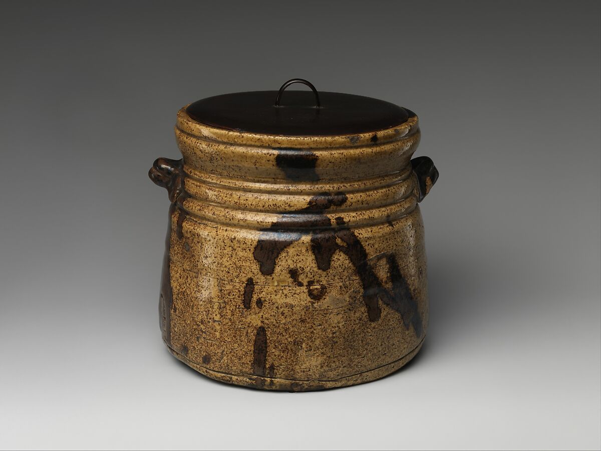 Water jar, Clay covered with glaze and iron-brown splashes; black lacquer cover (Ki [yellow] Seto ware), Japan 