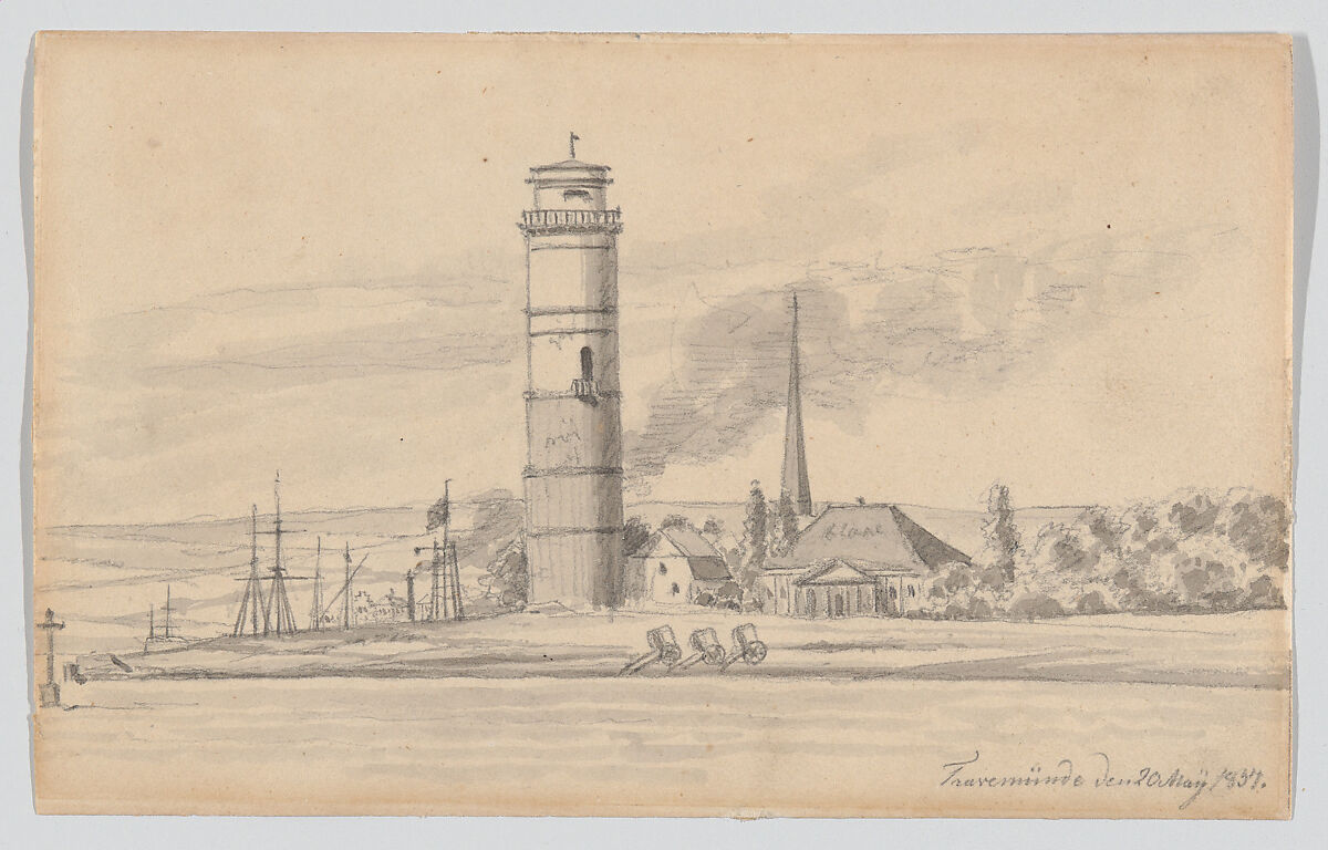 The Lighthouse of Travemünde Seen from the South, Martinus Rørbye (Danish, Drammen 1803–1848 Copenhagen), Graphite, gray wash 