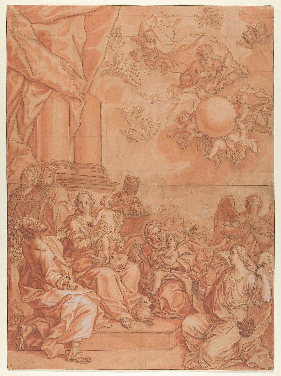 The Virgin and Child with Saints and Angels, and God the Father in the Sky, Johann Lorenz Haid (German, Kleineislingen 1702–1750 Augsburg), Pen and brown ink, brush and red wash, heightened with white gouache, on red-prepared paper; framing lines in pen and brown ink, possibly by the artist 