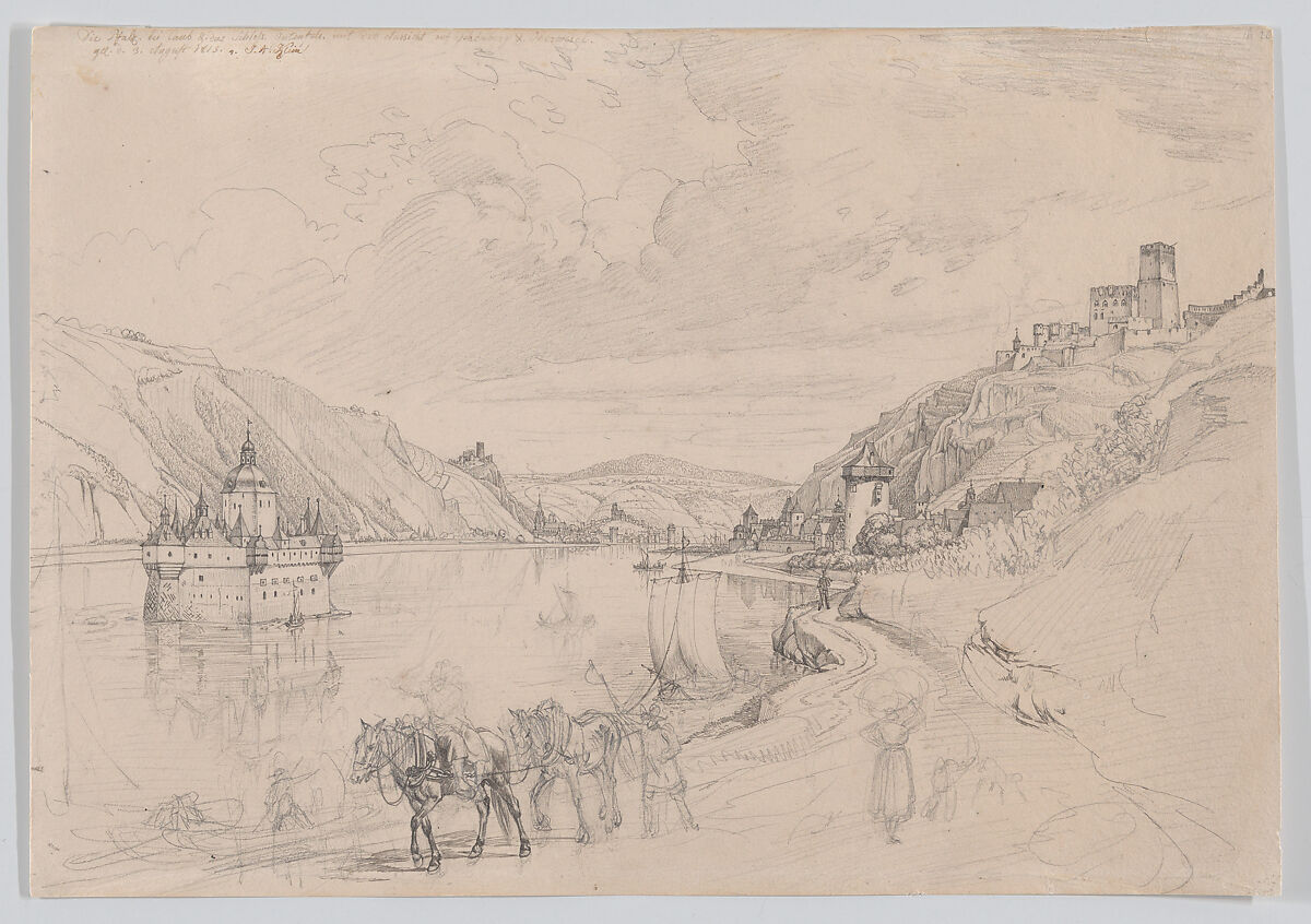 View of the Rhine with Pfalzgrafenstein Castle and Kaub Seen from the South-East, Johann Adam Klein (German, Nuremberg 1792–1875 Munich), Graphite, pen and gray ink 