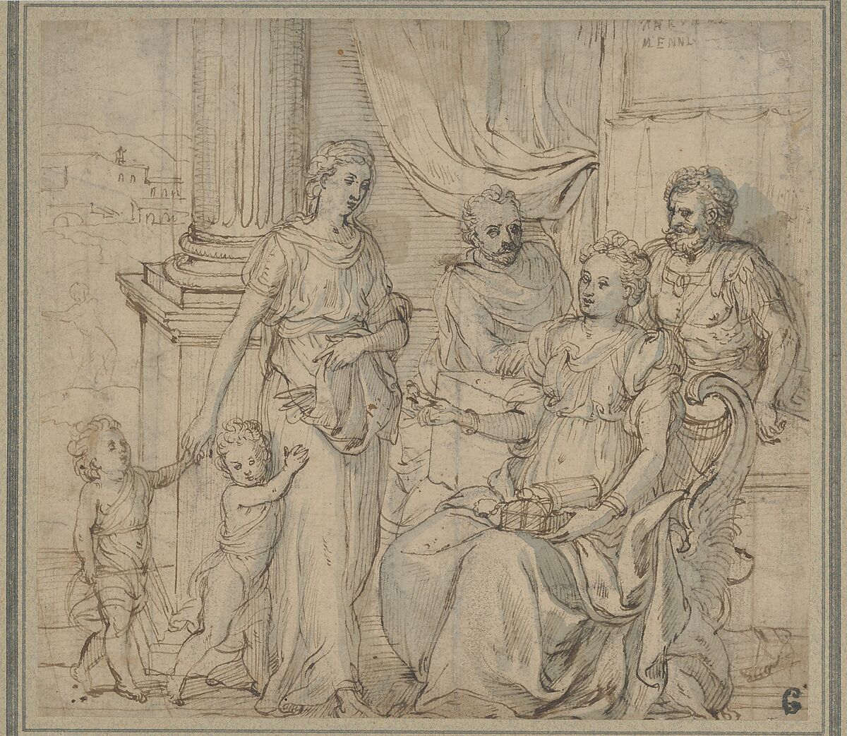 Cornelia, Mother of the Gracchi, Pointing to her Children as her Most Precious Ornaments, Gillis Mostaert the Elder (Netherlandish, Hulst 1528–1598 Antwerp), Pen and brown ink, brush and blue wash 