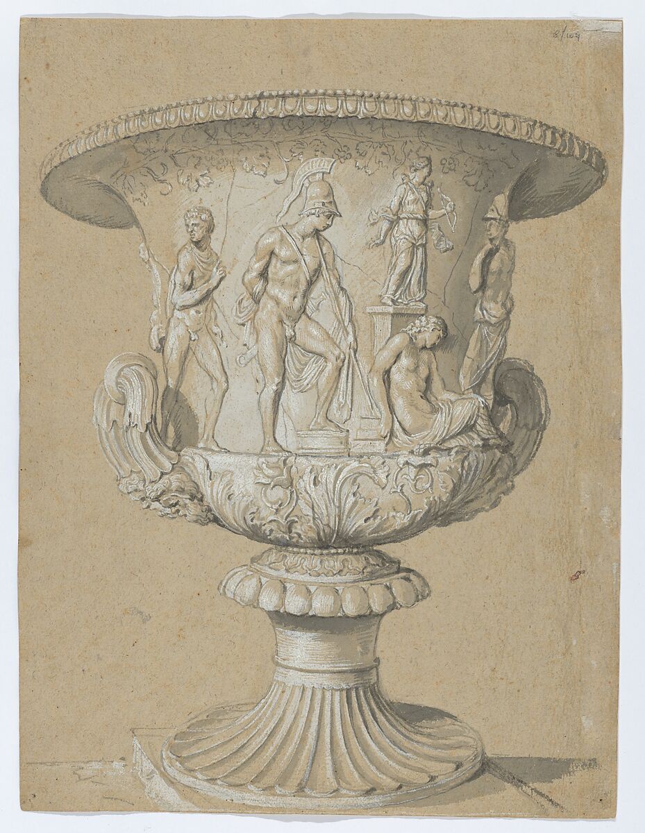 Marcus Aurelius on Horseback (recto); Study of an Antique Vase (verso), Anonymous, German, 17th century, Brush and two hues of gray ink, heightened with white gouache, on buff paper