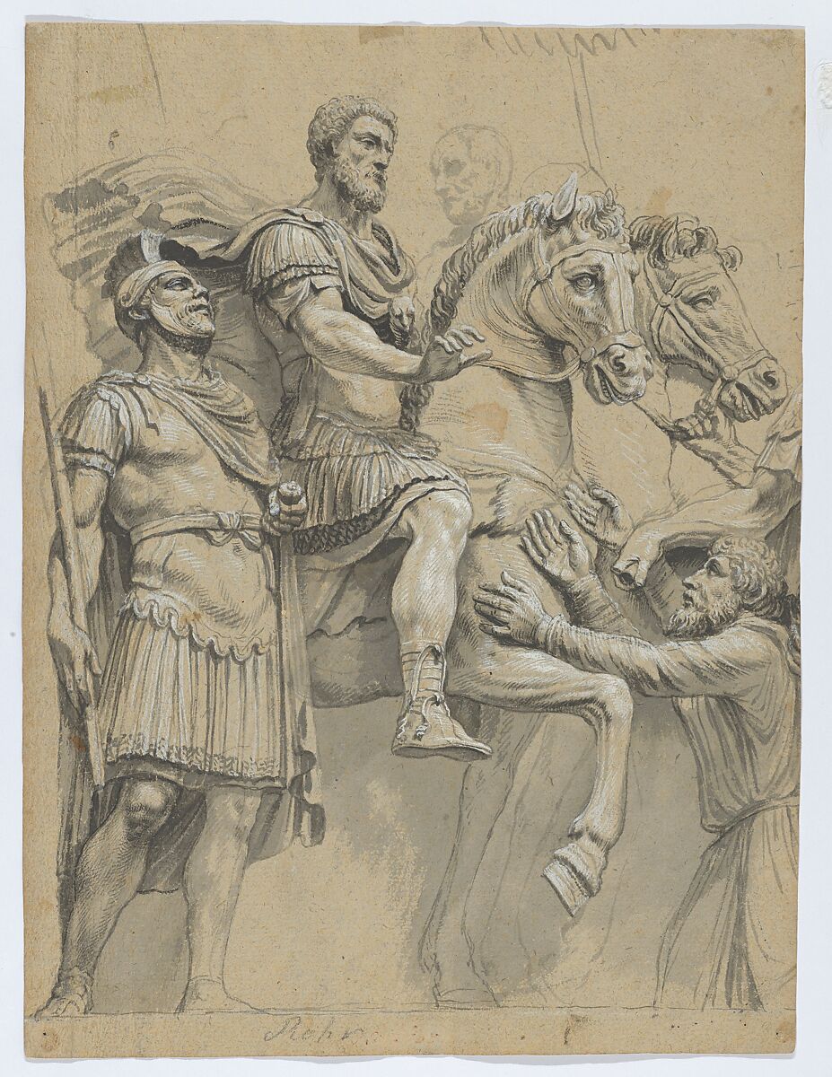 Marcus Aurelius on Horseback (recto); Study of an Antique Vase (verso), Anonymous, German, 17th century, Brush and two hues of gray ink, heightened with white gouache, on buff paper 