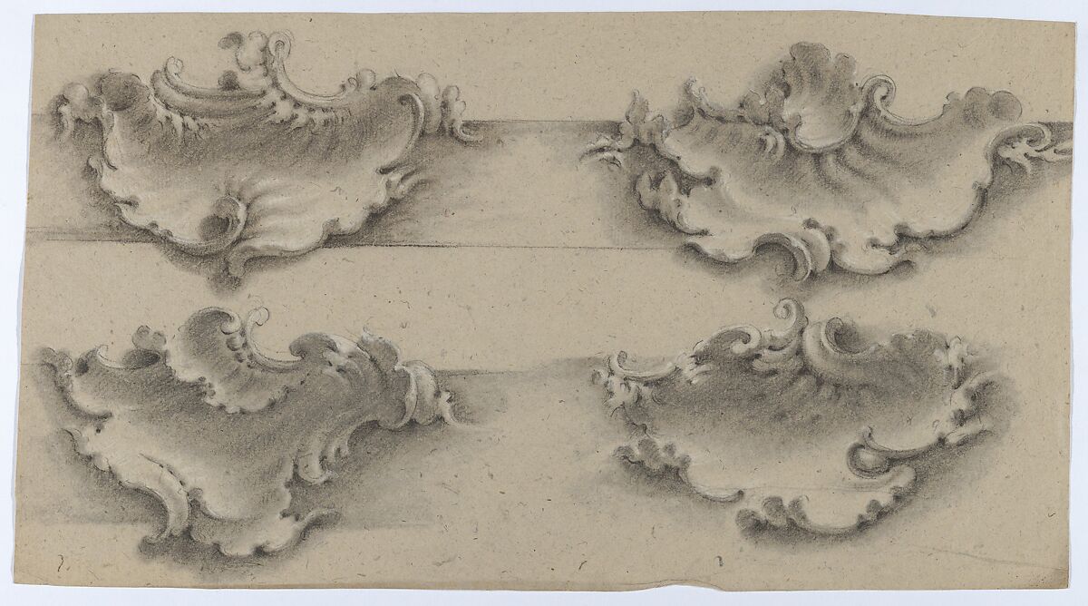 Three Design for Ornament & Architecture: Perspectival Rendering of a Ceiling; Two Sheets of Rocaille Designs, Anonymous, Italian, 16th century, Pen and brown ink
