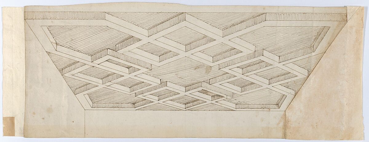 Three Design for Ornament & Architecture: Perspectival Rendering of a Ceiling; Two Sheets of Rocaille Designs, Anonymous, Italian, 16th century, Pen and brown ink 