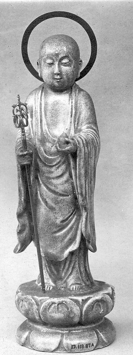 Statuette, Porcelaneous ware with staff and halo of gold mounted on silver sticks (Satsuma ware, early), Japan 