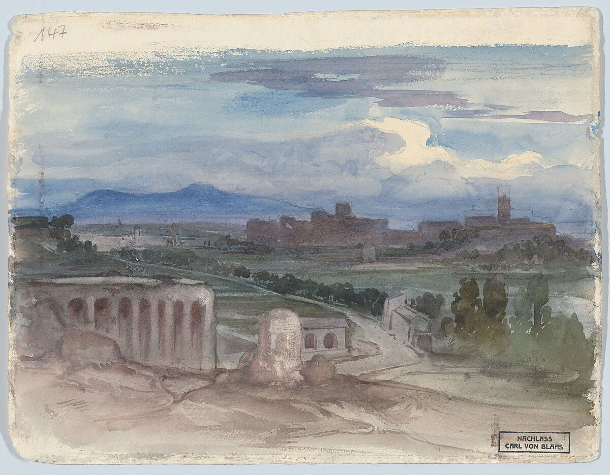 View on Terracina with Mount Circeo (recto); View of the Roman Campagna with an Aquaduct (verso), Carl von Blaas (Austrian, Nauders (Tyrol) 1815–1894 Vienna), Watercolor, graphite
