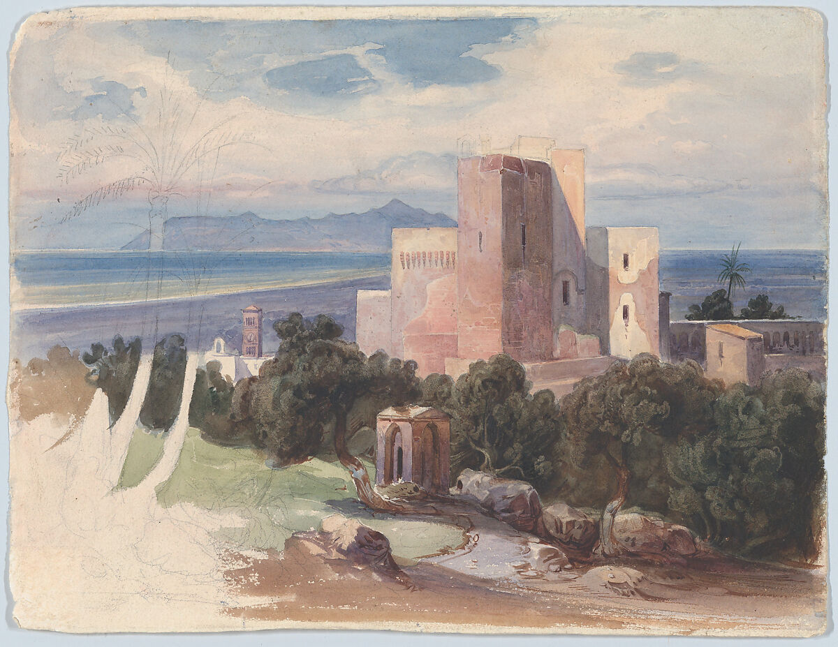 View on Terracina with Mount Circeo (recto); View of the Roman Campagna with an Aquaduct (verso), Carl von Blaas (Austrian, Nauders (Tyrol) 1815–1894 Vienna), Watercolor, graphite 