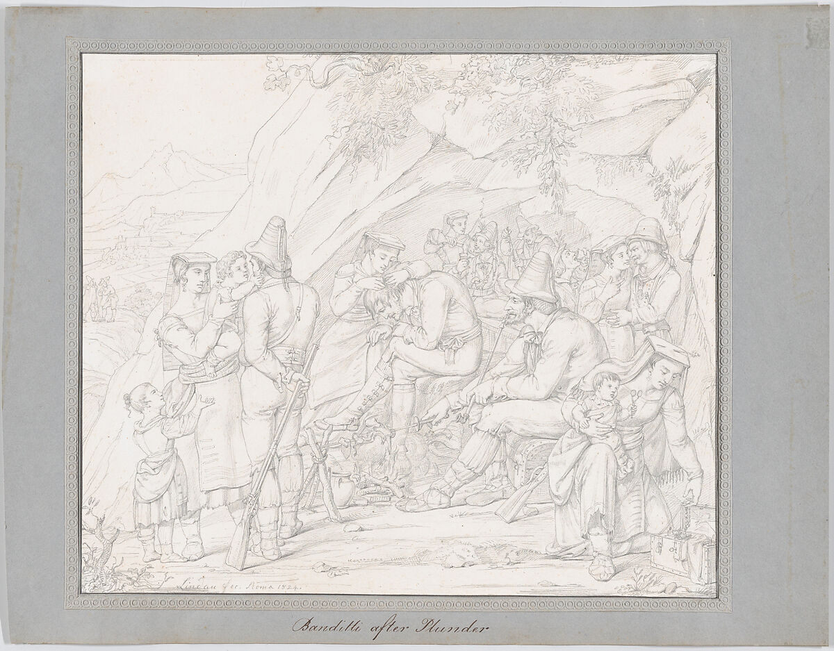 A Group of Roman Bandits with Their Families and Companions after a Robbery, Dietrich Wilhelm Lindau (German, Dresden 1799–1862 Rome), Graphite; framing line in pen and gray ink, possibly by the artist 