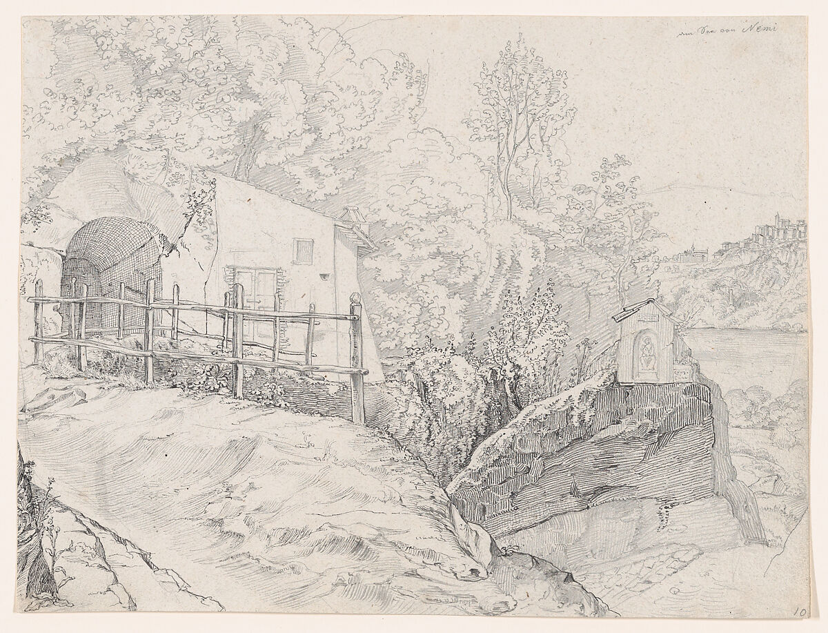 A House near a Grotto and a Roadside Chapel at Lake Nemi, with a View of Genzano from the North; verso: Sketch of Trees on the Border of a Lake, with Mountains in the Background, Johann Martin von Rohden (German, Kassel 1778–1868 Rome), Graphite, pen and black ink 
