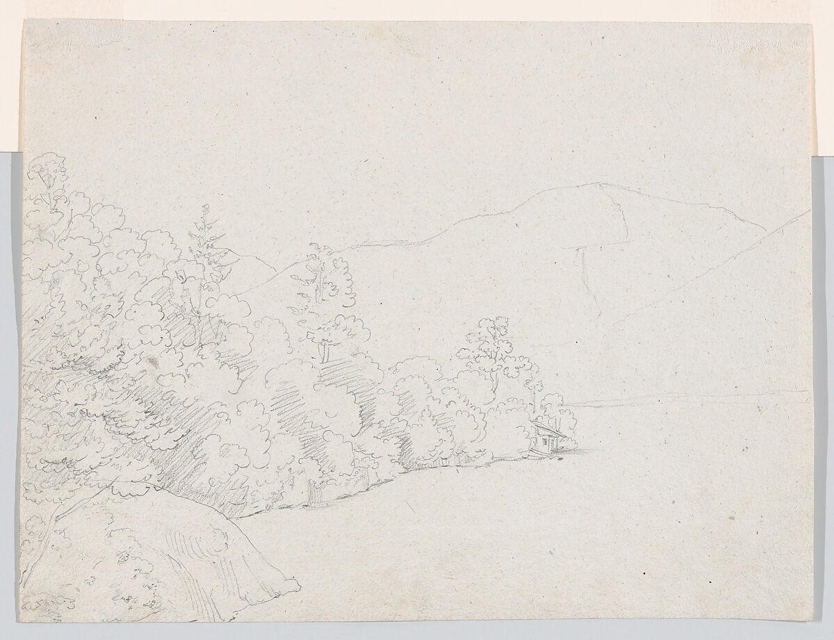 A House near a Grotto and a Roadside Chapel at Lake Nemi, with a View of Genzano from the North; verso: Sketch of Trees on the Border of a Lake, with Mountains in the Background, Johann Martin von Rohden (German, Kassel 1778–1868 Rome), Graphite, pen and black ink