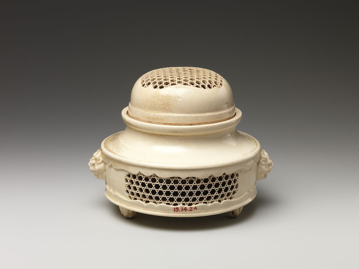 Incense Burner (koro) and Cover with Molded and Reticulated Design, Satsuma ware, earthenware with clear glaze, Japan