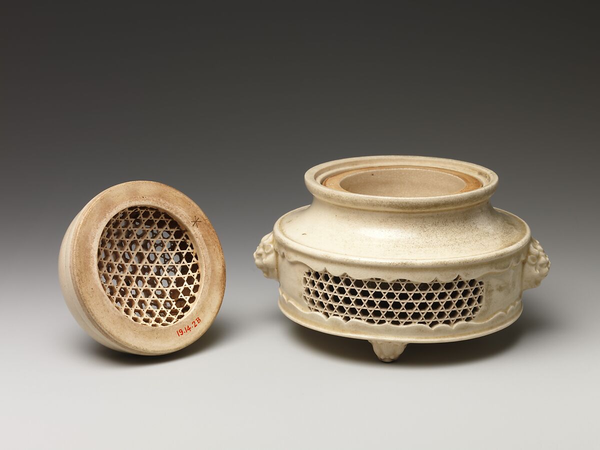 Incense Burner (koro) and Cover with Molded and Reticulated Design, Satsuma ware, earthenware with clear glaze, Japan