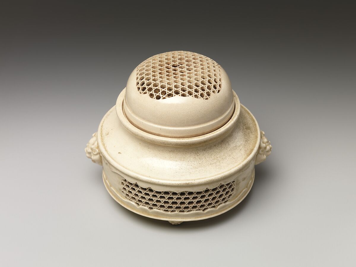 Incense Burner (koro) and Cover with Molded and Reticulated Design, Satsuma ware, earthenware with clear glaze, Japan