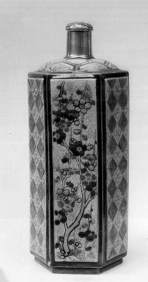 Hexagonal Wine Bottle, Pottery with light glaze, craquelé; decorations in colored and gold enamels; Faience and silver (Awata ware), Japan 