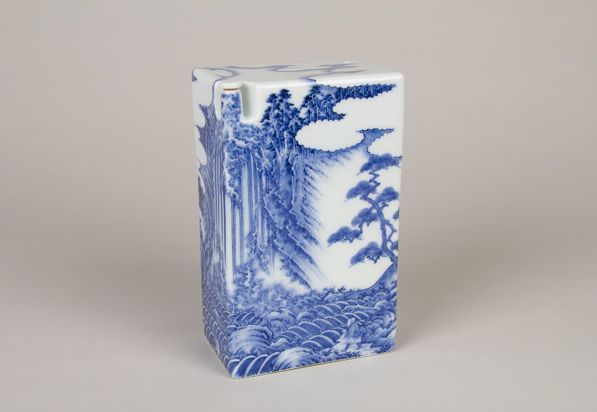 Wine Bottle with Landscape and Waterfall, Porcelain with underglaze blue decoration (Hirado ware), Japan 