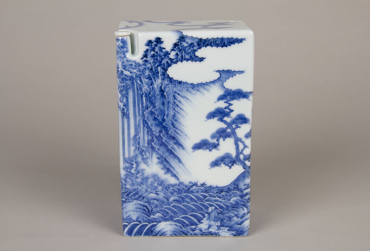 Wine Bottle with Landscape and Waterfall, Porcelain with underglaze blue decoration (Hirado ware), Japan