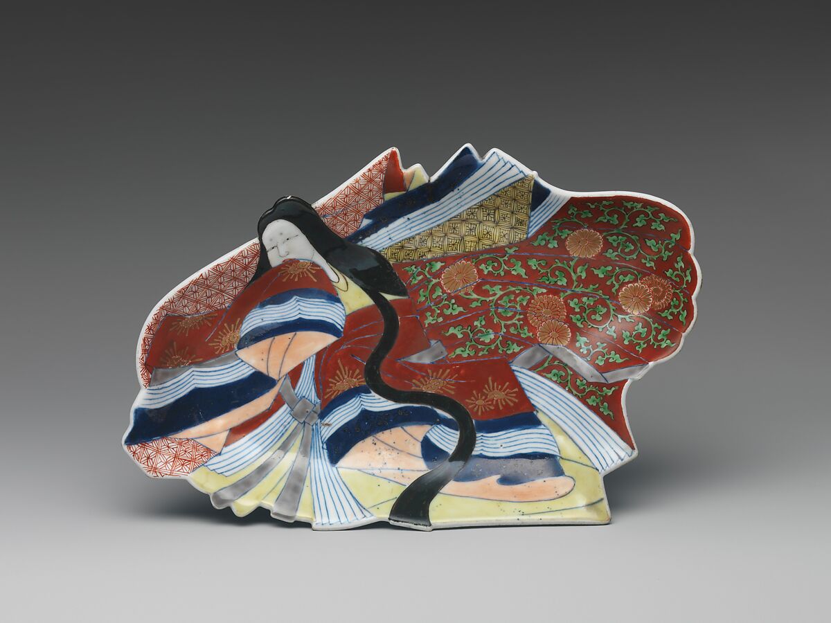 Dish in the Shape of a Princess, Porcelain with underglaze blue and overglaze enamels (Arita ware, Ko Imari type), Japan 