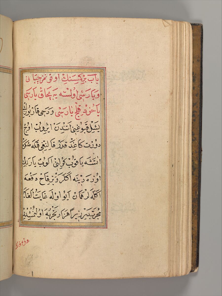Prayer Book, 'Abd al-Qadir Hisari (Turkish), Manuscript: ink, opaque watercolor, and gold on paper
Binding: leather and gold
