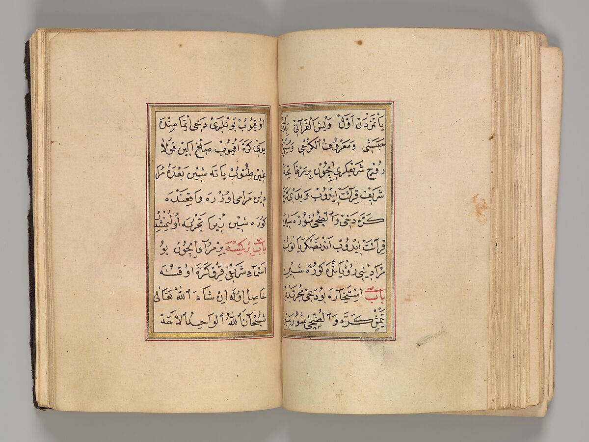 Prayer Book, 'Abd al-Qadir Hisari (Turkish), Manuscript: ink, opaque watercolor, and gold on paper
Binding: leather and gold