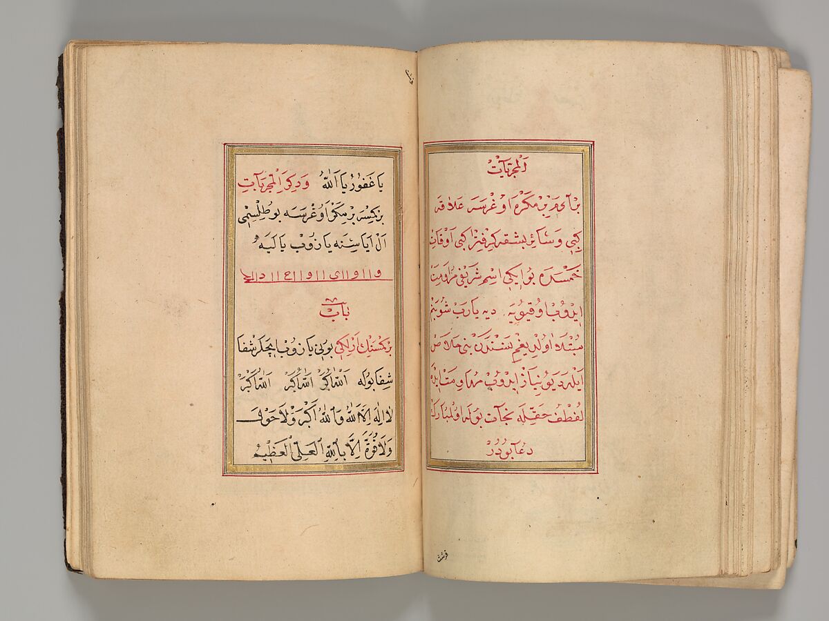 Prayer Book, 'Abd al-Qadir Hisari (Turkish), Manuscript: ink, opaque watercolor, and gold on paper
Binding: leather and gold