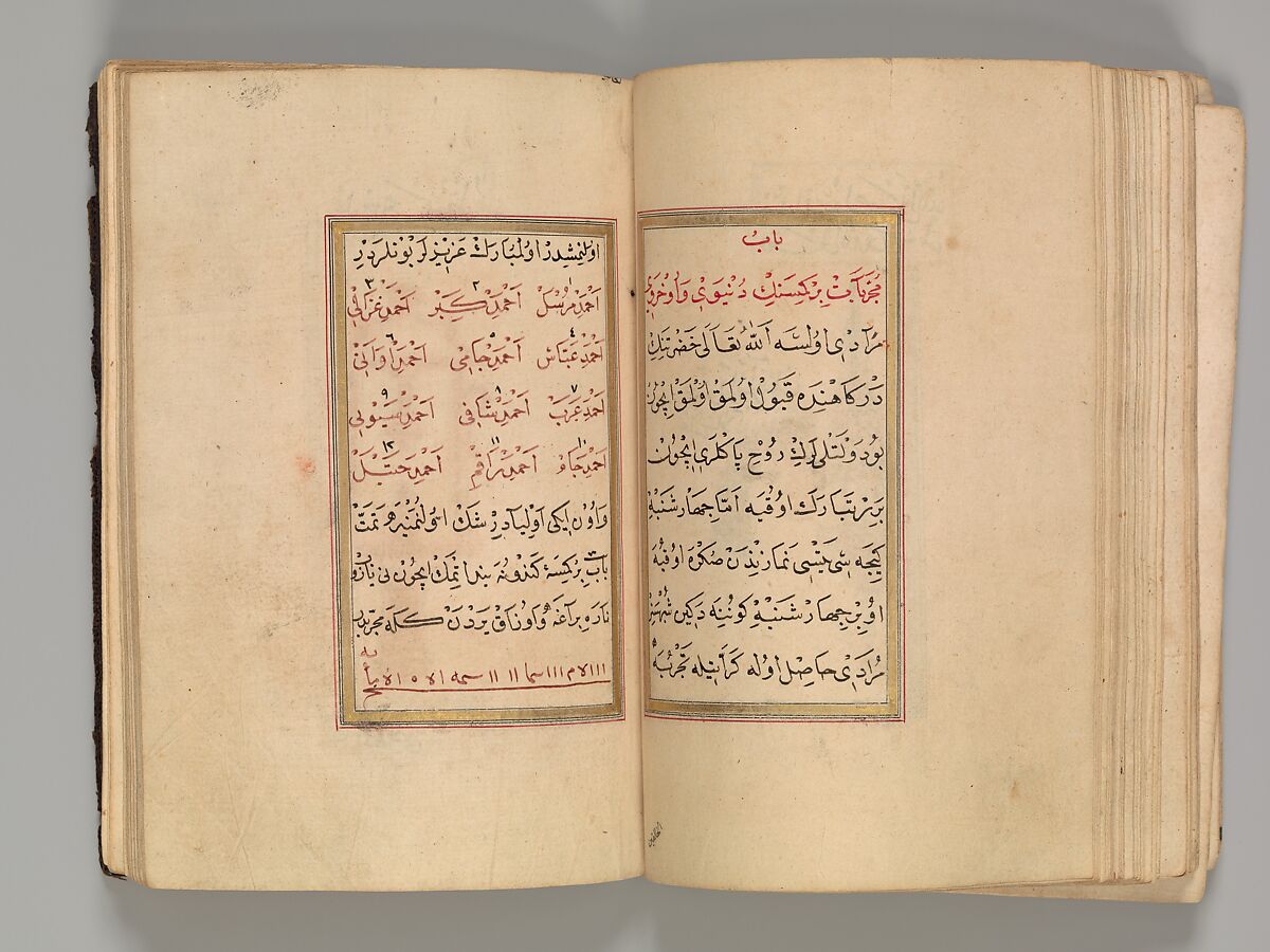 Prayer Book, 'Abd al-Qadir Hisari (Turkish), Manuscript: ink, opaque watercolor, and gold on paper
Binding: leather and gold
