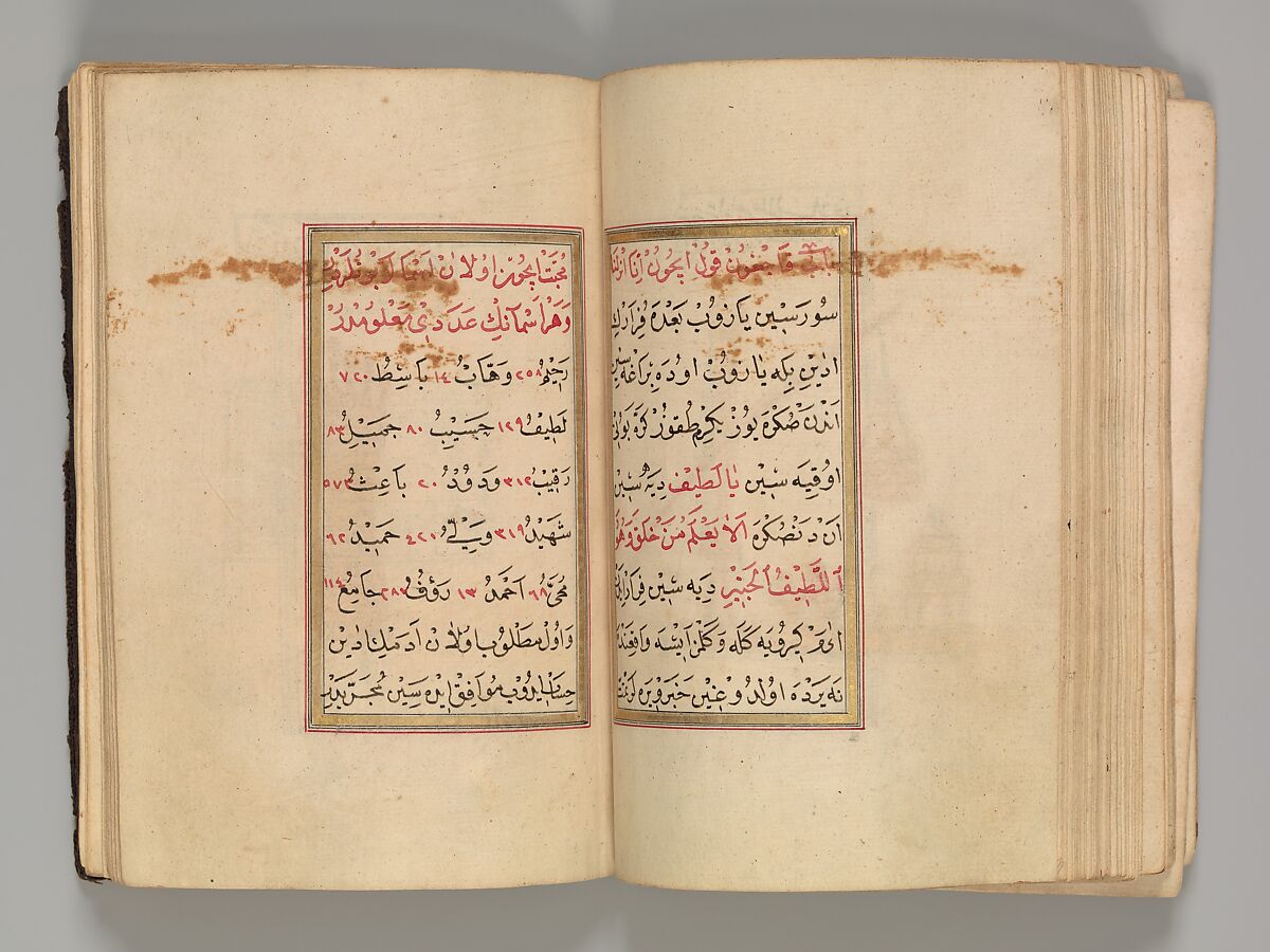 Prayer Book, 'Abd al-Qadir Hisari (Turkish), Manuscript: ink, opaque watercolor, and gold on paper
Binding: leather and gold