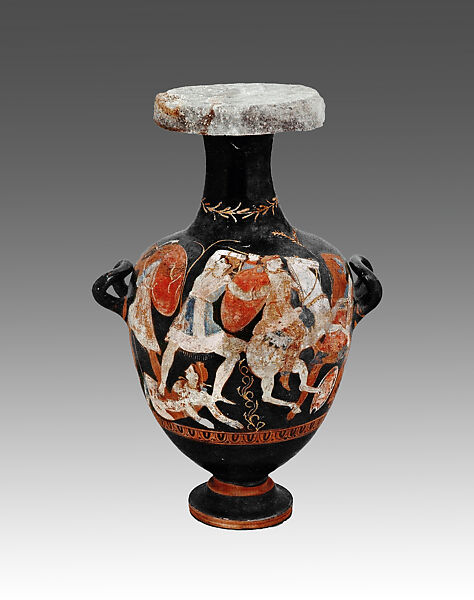 Black-glaze hydria with polychrome decoration, Terracotta, lead, Greek 