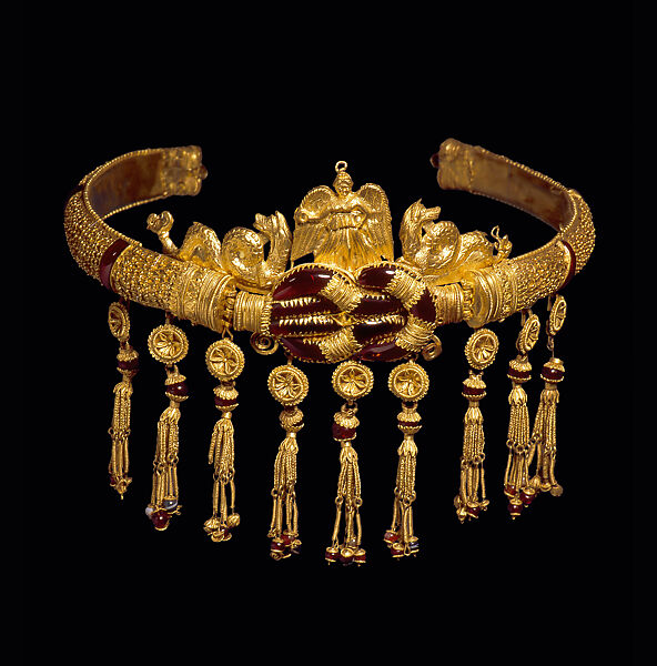 Gold diadem, Gold, garnet, carnelian, sardonyx, Greek 