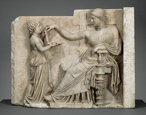 Grave Stele of an Enthroned Woman with an Attendant, Marble, Greek 