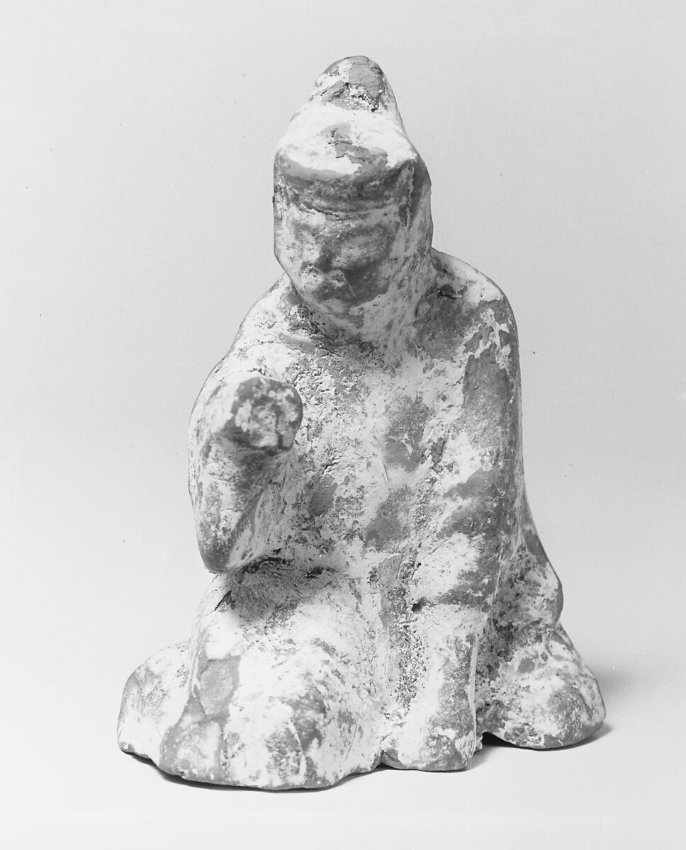Kneeling Figure of Musician or Dancer, Dark pottery with white slip and red paint, China 