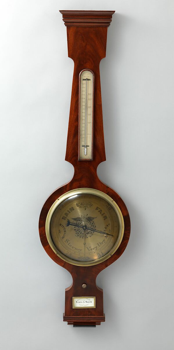 Wheel barometer, Louis A. Smith, Mahogany, brass, paper, barometric mechanism, and various other materials, American 
