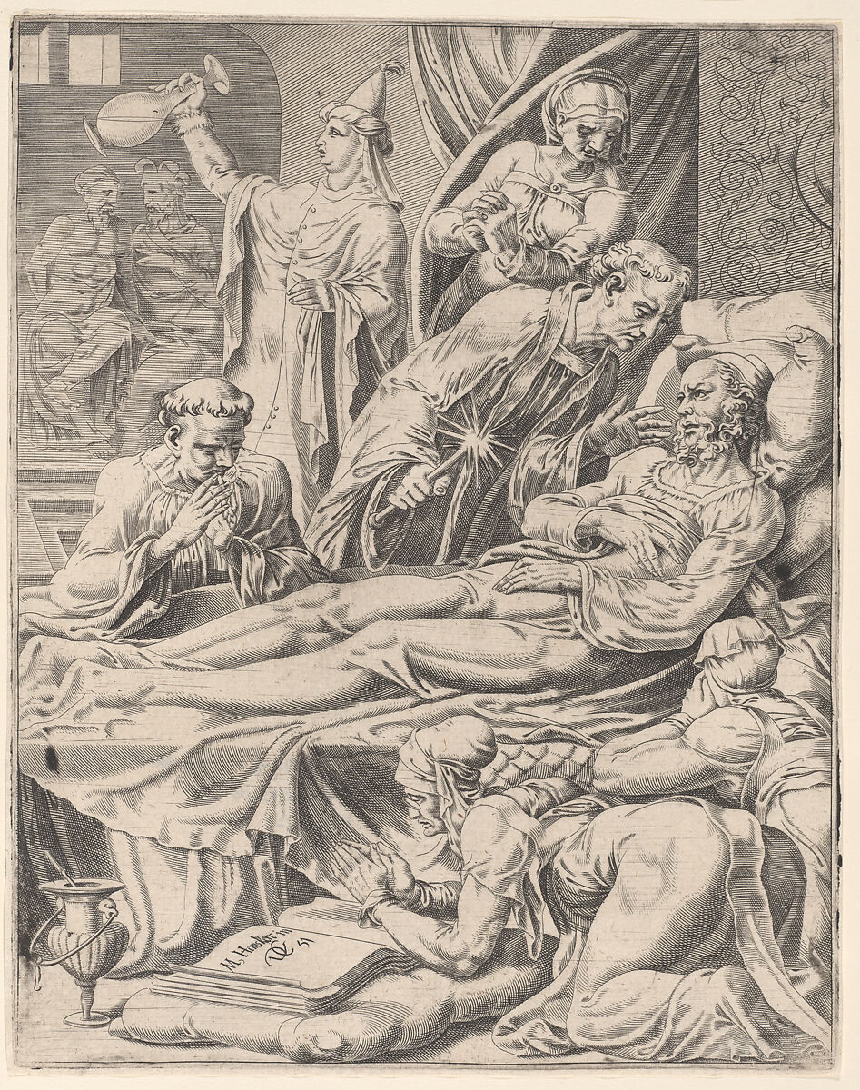 The Rich Man on His Deathbed, plate 2 from "The Parable of Lazarus and the Rich Man", Dirck Volckertsz Coornhert (Netherlandish, Amsterdam 1519/22–1590 Gouda), Engraving and etching 