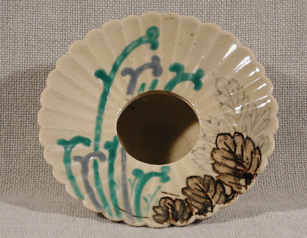 Blossom-Shaped Cup and Matching Cup Stand, Glazed pottery decorated with underglaze cobalt and iron and with overglaze blue and green enamels; Kyoto pottery of Ko-Kiyomizu type, Japan